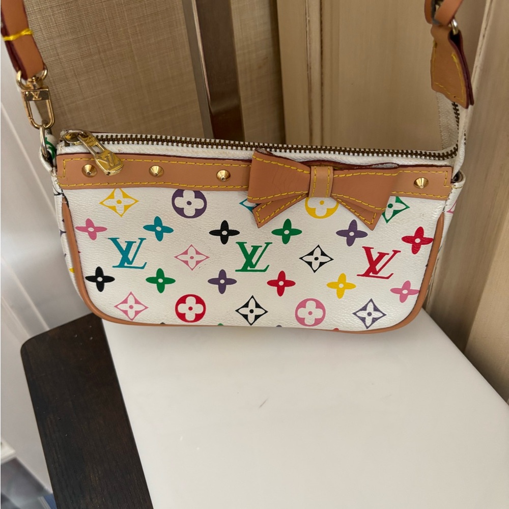 Louis Vuitton White Multicolor Monogram Mini Shoulder Bag with Bow Trim
